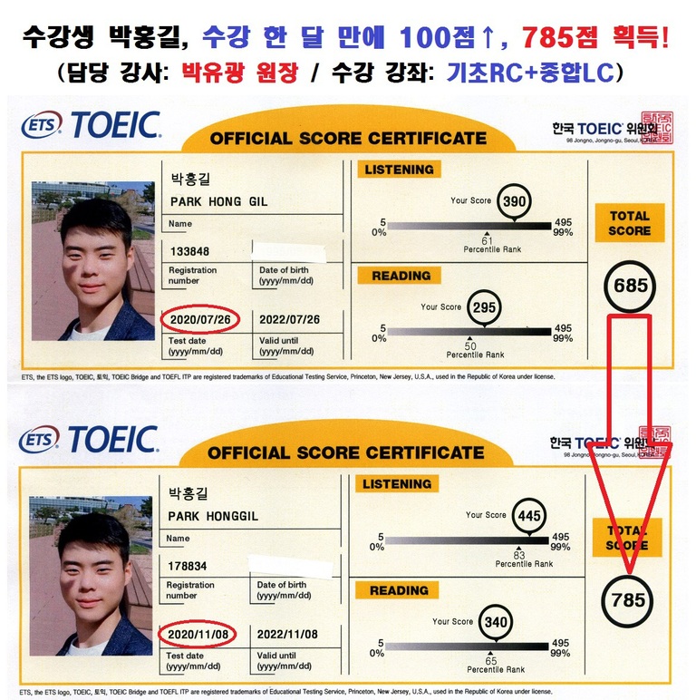 수강생 박홍길 수강 후기 (685점 -> 785점)